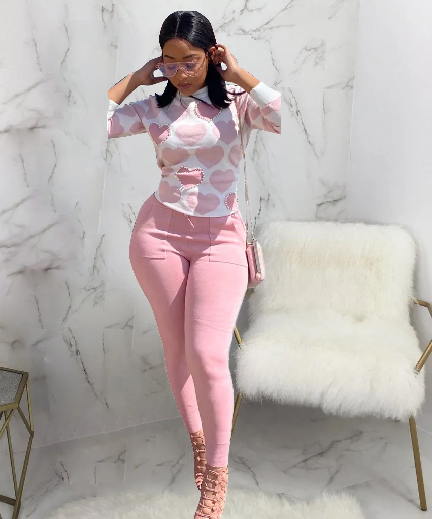 

Костюм спортивный женский из двух предметов, Топ с длинным рукавом и брюки с карманами, с принтом сердца, с бусинами, Осень-зима