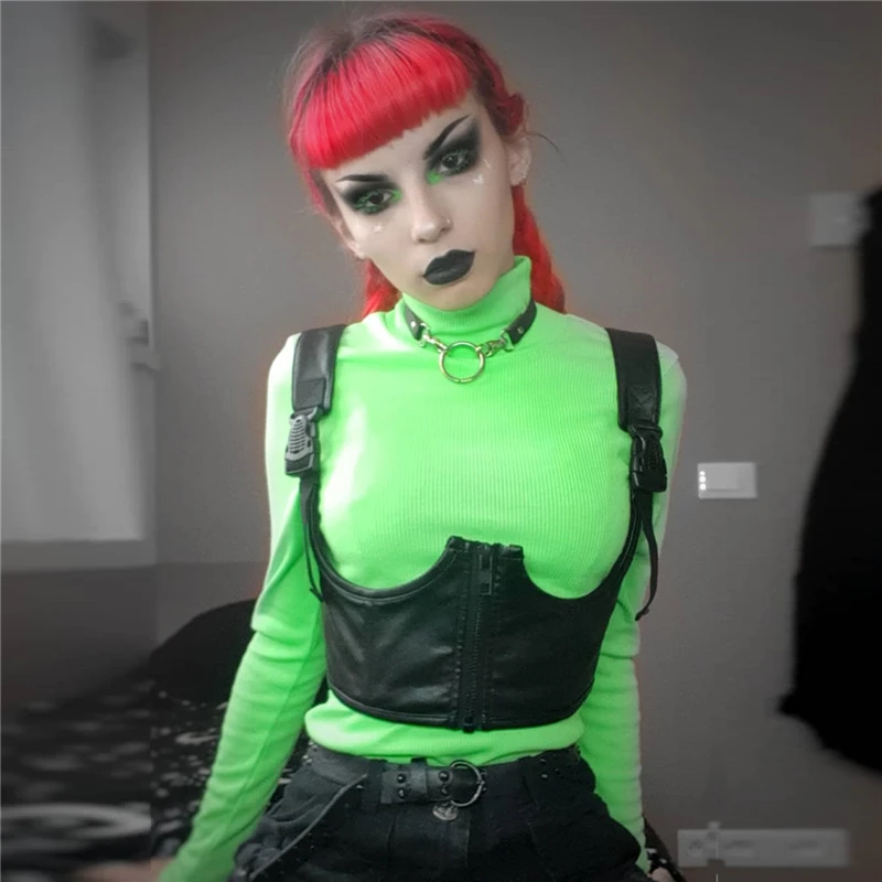 Darlingaga Streetwear Punk PU Leather Crop Top Women Buckle Zipper Gothic Tank Top Suspenders Strap Summer Tops Camisole Clothes