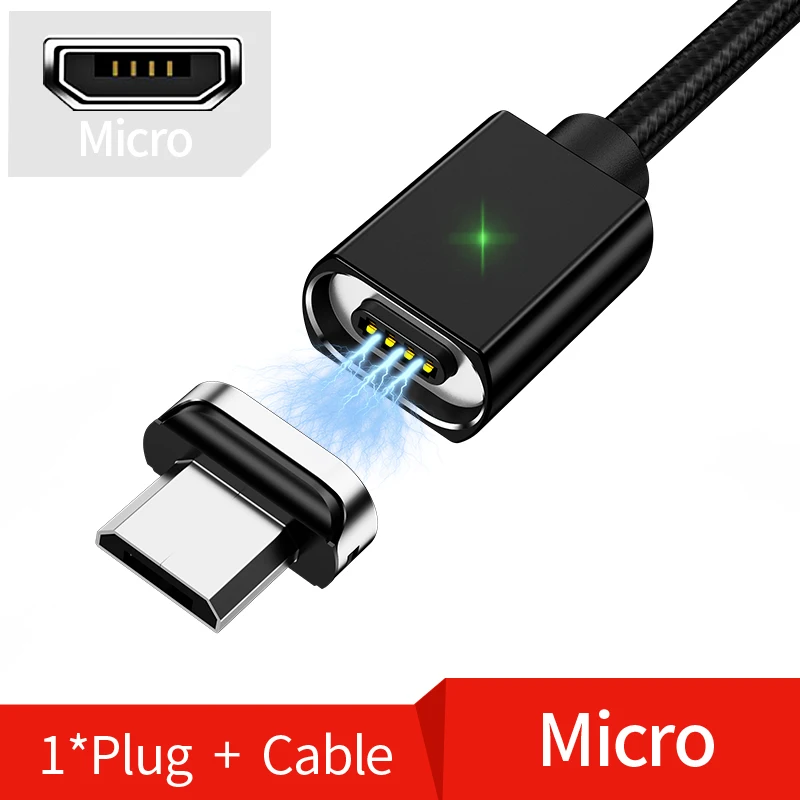 Магнитный кабель для iPhone samsung 2A, быстрая зарядка, магнитный usb-кабель для телефона, кабель Micro USB type C, магнитный кабель для зарядки и синхронизации данных - Цвет: Black Micro Cable