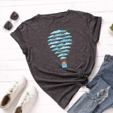 SINGRAIN летняя Хлопковая женская Свободная футболка с принтом, Повседневная Базовая футболка с коротким рукавом, Топы Harajuku, большие размеры, футболка с облаками