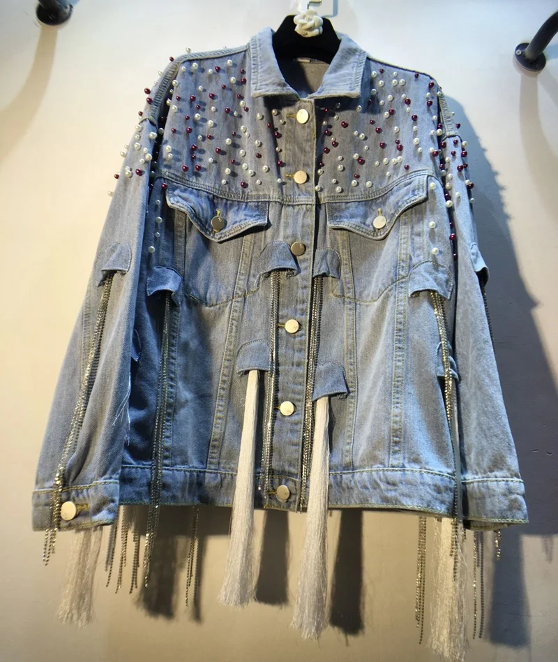 

women heavy work beaded diamond tassel denim jacket BF style loose pearl beading washed windbreaker tassel women clothing