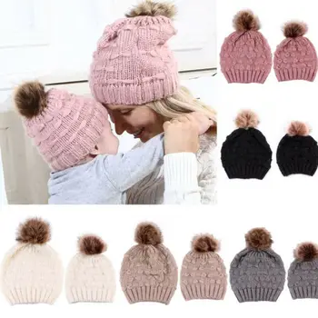 

2Pcs Mom Beanie Baby Matching Hats Cap Knitted Plush Ball Hat Newborn Baby Knit Soild Cotton Blend Women Warm