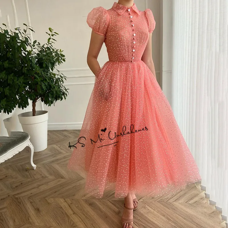 yellow prom dresses Coral Prom Dress Short with Pockets Cap Sleeve Vestido de Fiesta Tea Length Celebrity Evening Dresses Dots Tulle Party Gowns white prom dress