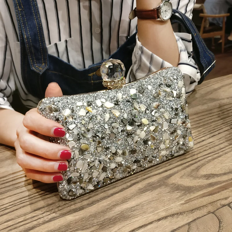 

Night field diamond ring grip bag 2019 new hundred lap dinner bag brightly single shoulder slanted girl bag