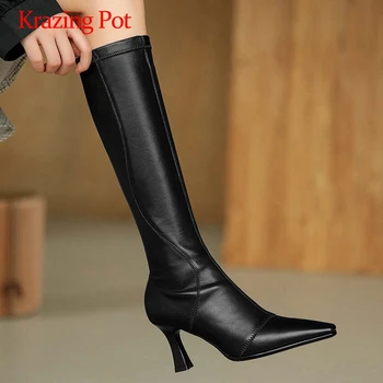 

Krazing pot korean street fashion microfiber three colors small square toe thin high heel dress elegant lady knee-high boots L79