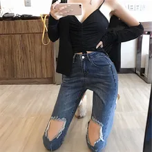 Рваные легкие джинсы женские весна новые дикие тонкие корейские студенческие тонкие брюки