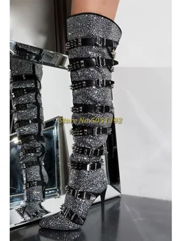 

Spiked Rhinestone Thigh High Heeled Bootie In Black Over The Knee Multi-Buckle Stiletto High Heel Winter Boots Pointed Toe