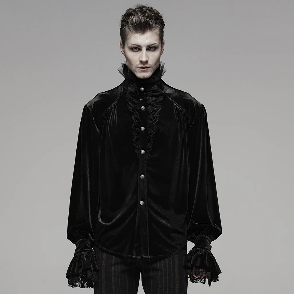 

PUNK RAVE Men's Gothic Gorgeous Velvet Shirt Lace Loose Lantern Sleeve Retro Wedding Shirt Palace Costume Personality Tops