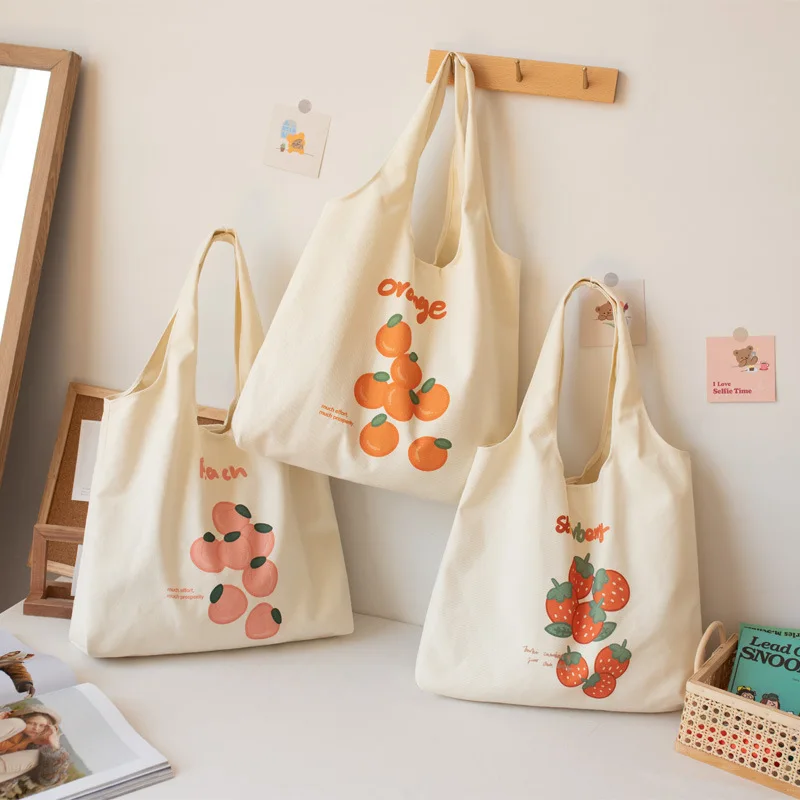 Women\'s Canvas Bag Lovely Fruit Print Orange Large Volume Shoulder Bag Artsy Preppy Style Cute Side Shopping Bag