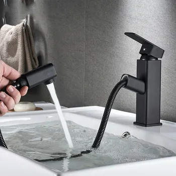 

Basin Sink Faucet Single Handle Bathroom Mixer Taps Black Color Deck Mounted Hot And Cold Water Tap Square Shape