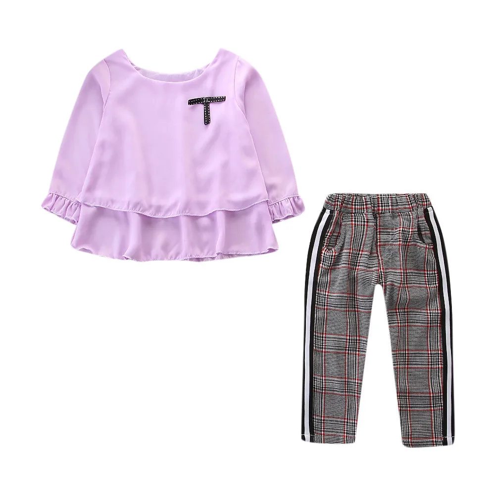 Одежда для маленьких девочек Футболка с оборками Топы+ штаны в клетку, комплект одежды с длинными рукавами, осенне-зимняя одежда Ensemble Ropa - Цвет: Фиолетовый