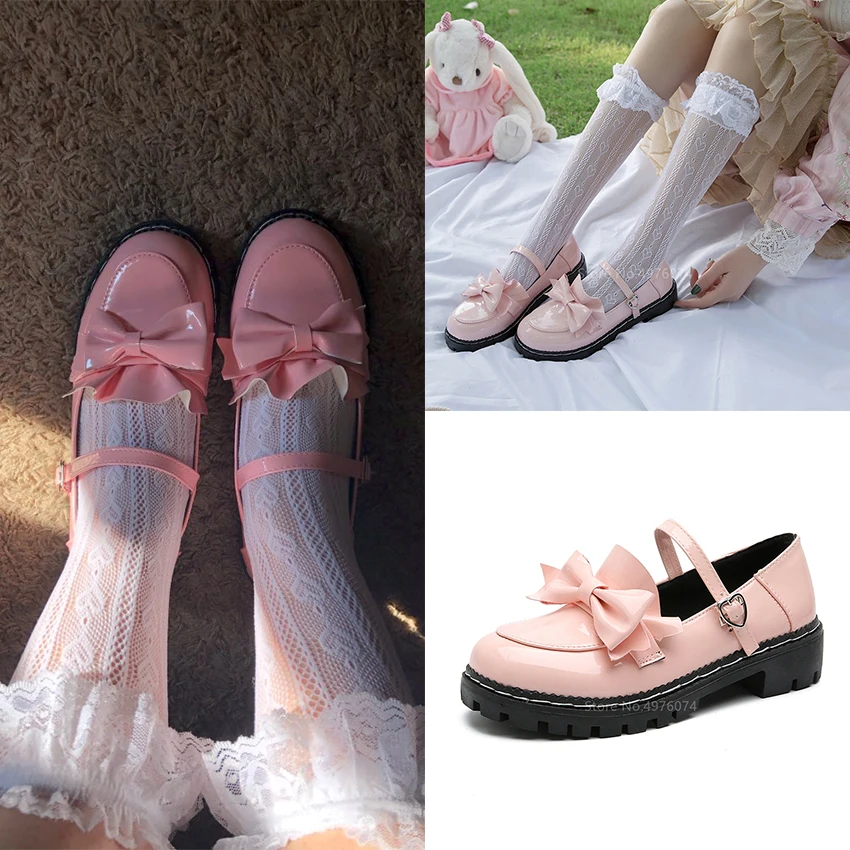 

Lolita Shoes Japanese College Students Girls Round Toe Buckle Straps Bow JK Commuter Uniform Lovelive PU Leather Shoes 3 Colors