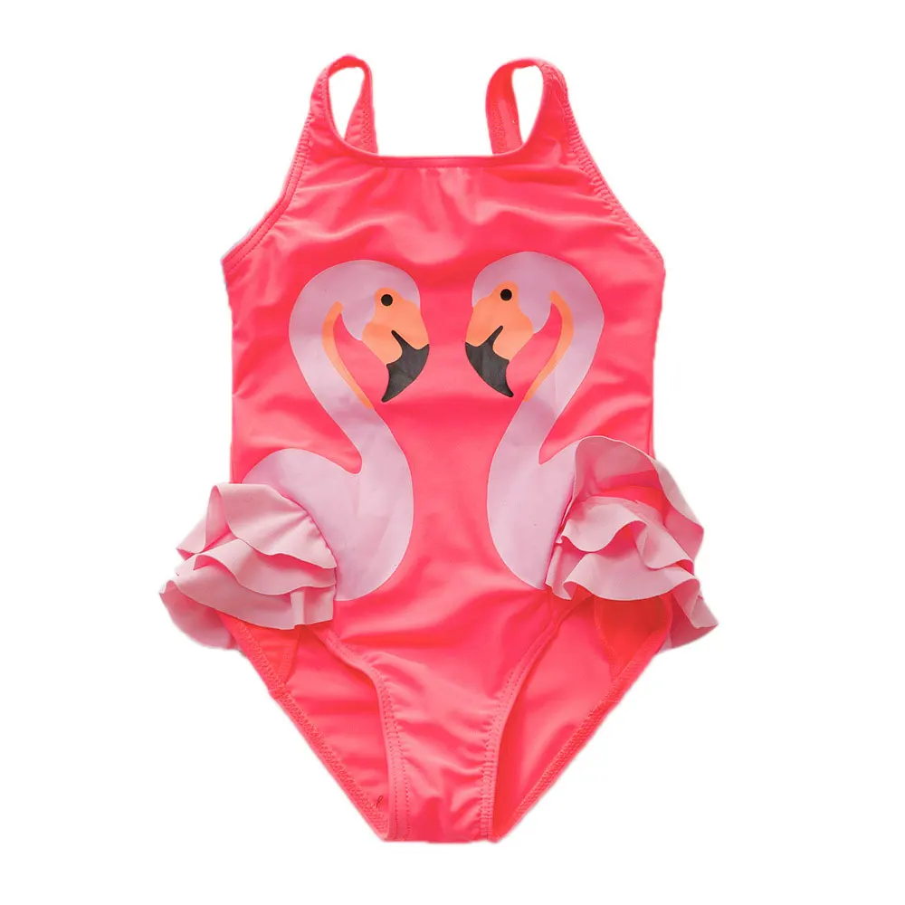 2-8 Years Girl Swimsuit Pink Flamingo Animal Print Children Swimwear Ruffle Sleeveless Swimsuits For One Piece Bathing Suit | Спорт и