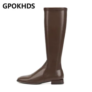 

GPOKHDS 2021 women Knee-High boots winter short plush Square Toe Zipper Low heels female boots size 40