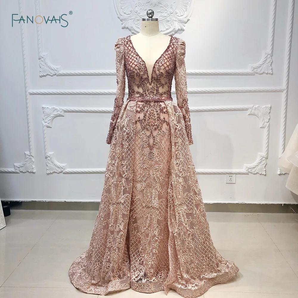 

Luxury Dubai Evening Dresses Long Sleeves V Neck Sheer Top Beaded Prom Dress 2019 Crystal evening Gown Lace Vestido de Fiesta