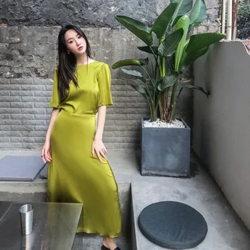 

2020 New Summer Women's Silk Midi dress Back Deep V ladies sexy short sleeve long dreses casual holiday clothing