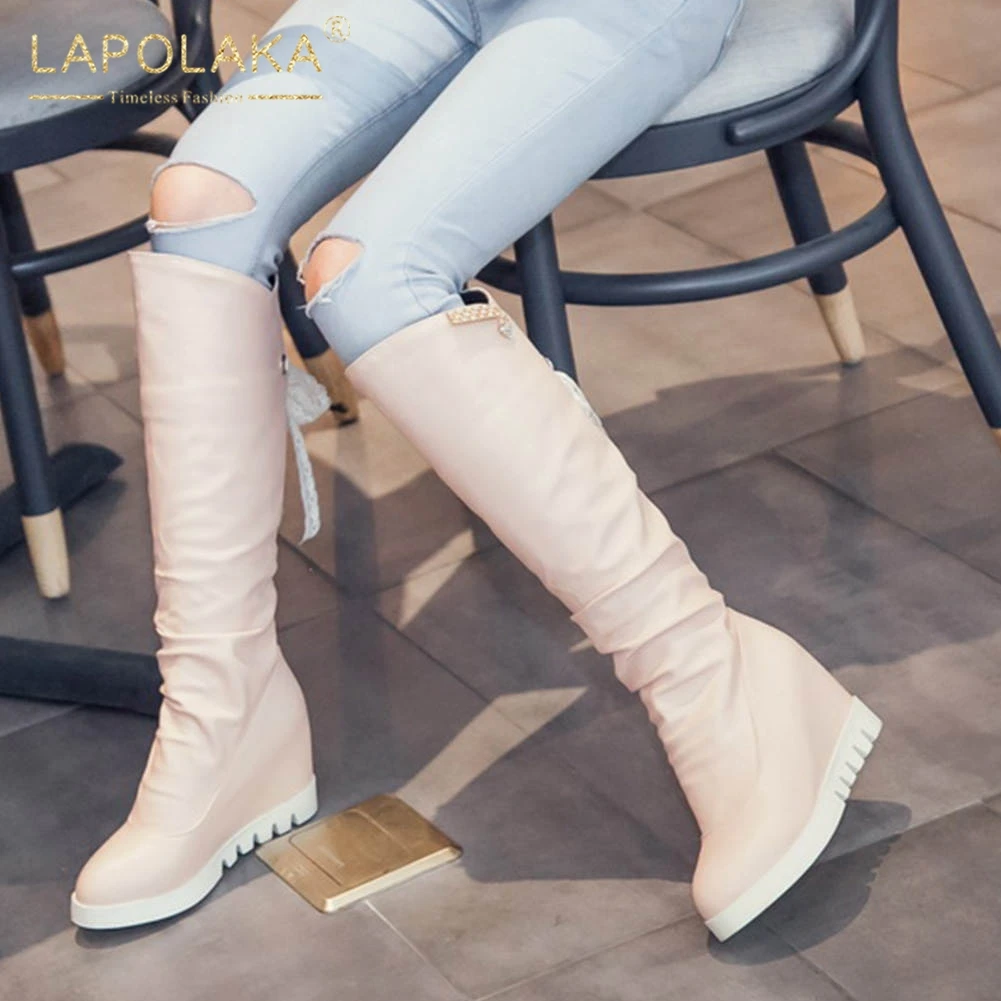 Lapolaka/Новое поступление; Прямая поставка; размеры 43; теплые зимние сапоги на меху; женская обувь; сапоги до середины икры на каблуке, увеличивающие рост; женская обувь