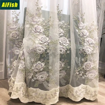 

European High-end Luxury Window Screen Rose Embroidery Rope Embroidered Tulle Curtain Decoration Living Room Bedroom ZH400-3