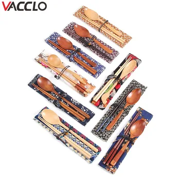 

Vacclo Portable Tableware Wooden Cutlery Sets With Useful Spoon Chopsticks Travel Gift Dinnerware Suit With Cloth Bag Cubiertos
