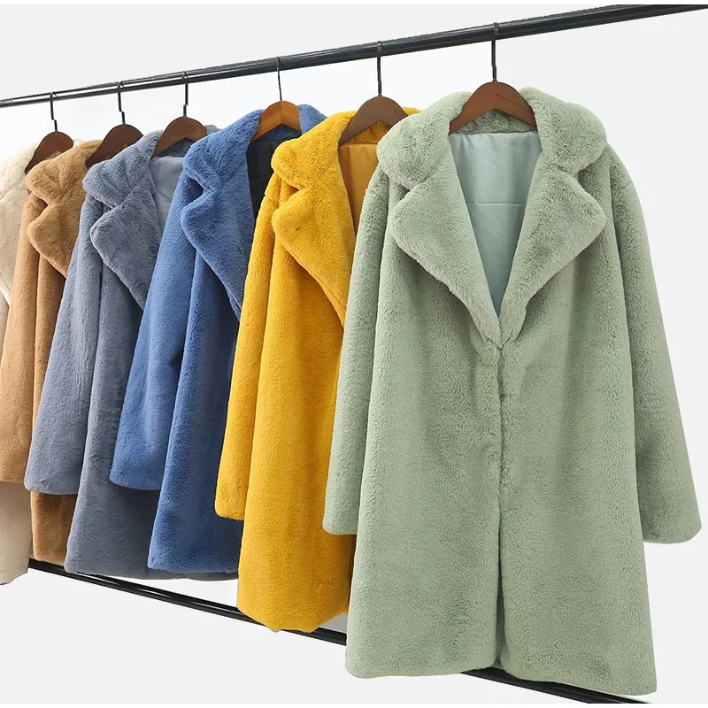 Большие размеры 4XL, зимнее плотное теплое пальто из искусственного меха, мягкий кроличий мех, длинные пальто, отложной воротник, однотонная модная верхняя одежда цвета хаки для женщин