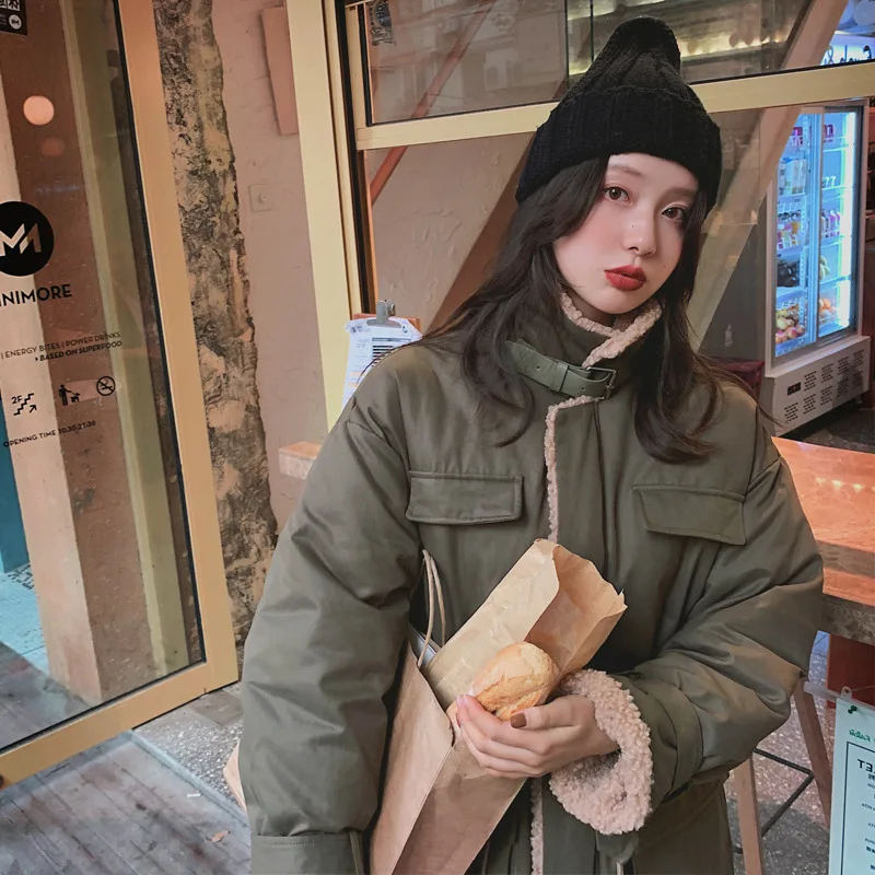 

Photo Shoot Mid-length Workwear Cotton Coat 2019 Winter New Style Korean-style Loose-Fit Two-color Stand Collar Casual Zip-up Ja