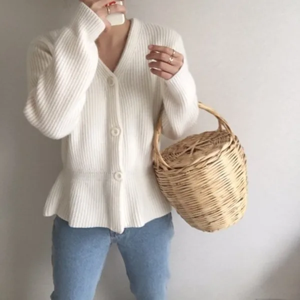 white cardigan RUGOD, корейский шик, белый свитер, женский, элегантный, с оборками, с пышными рукавами, тонкий, вязанный, пуловеры, модные, для офиса, для девушек, Зимняя вязанная одежда - Цвет: white cardigan