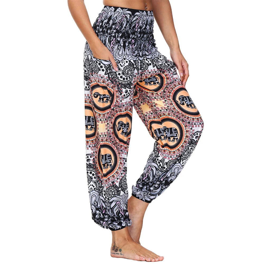 

Bohemia Yoga Pants for Women Smocked Waist Hippie Boho Sports Harem Pants Palazzo Pants With 2Pockets