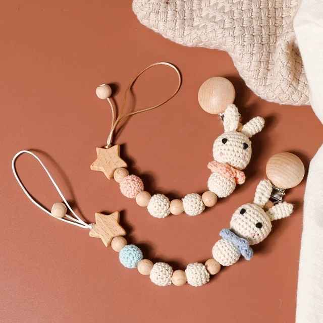 1pc Baby Pacifier Chain Teeting Chains Crochet Rabbit Panda Beads Wooden Clips Wood Teether Tiny Rod Kids Dummy Clips Baby Toys 1