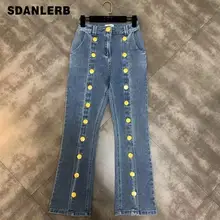 Осень новая Золотая кнопка-застежка украшения Сплит микро женские джинсы клёш высокие уличные джинсовые брюки Девушки Леди Мода брюки джинсы