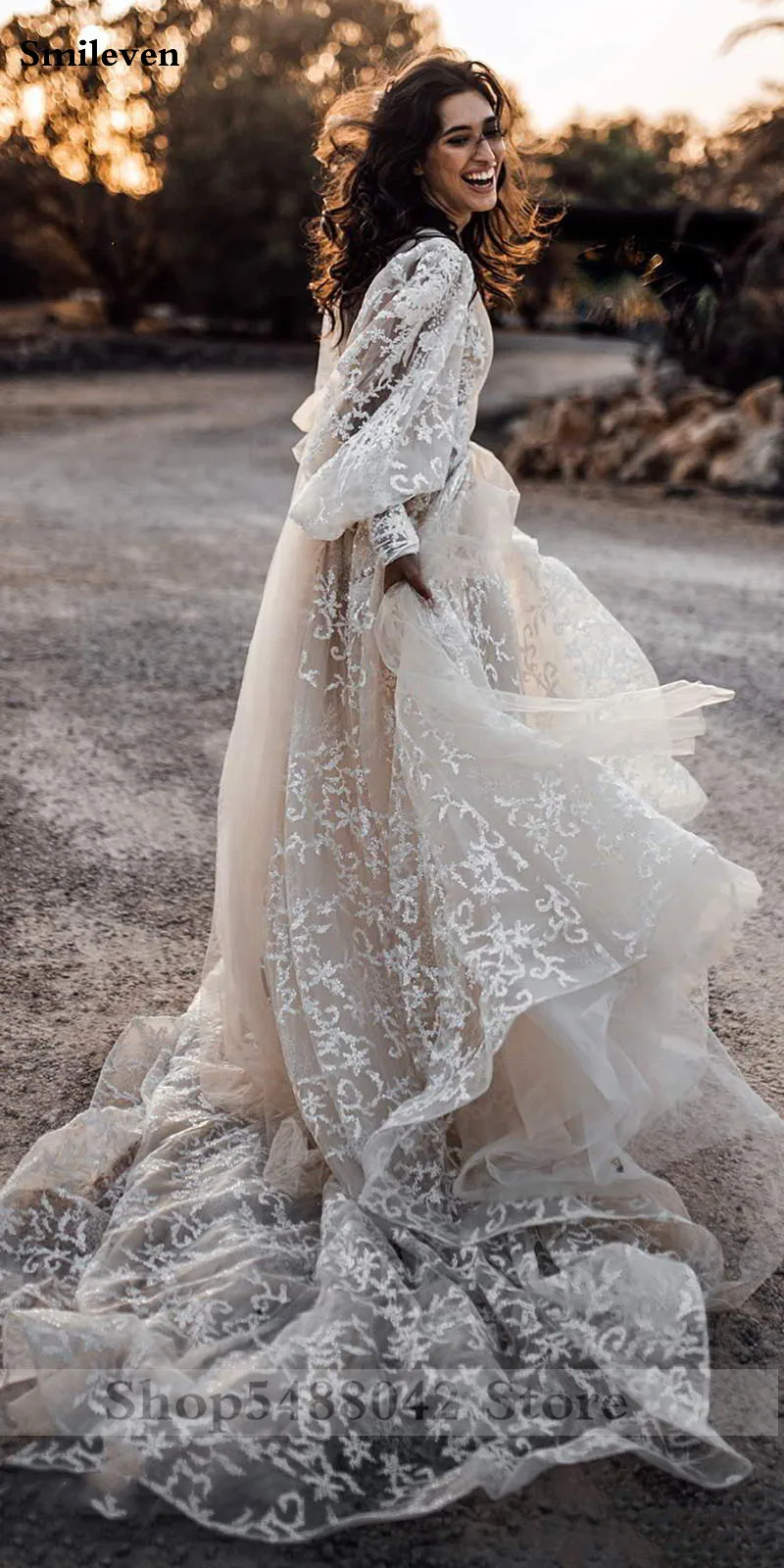 Smileven, сексуальное богемное кружевное свадебное платье, пышные рукава, глубокий v-образный вырез, принцесса, свадебные платья с открытой спиной, Vestido De Noiva