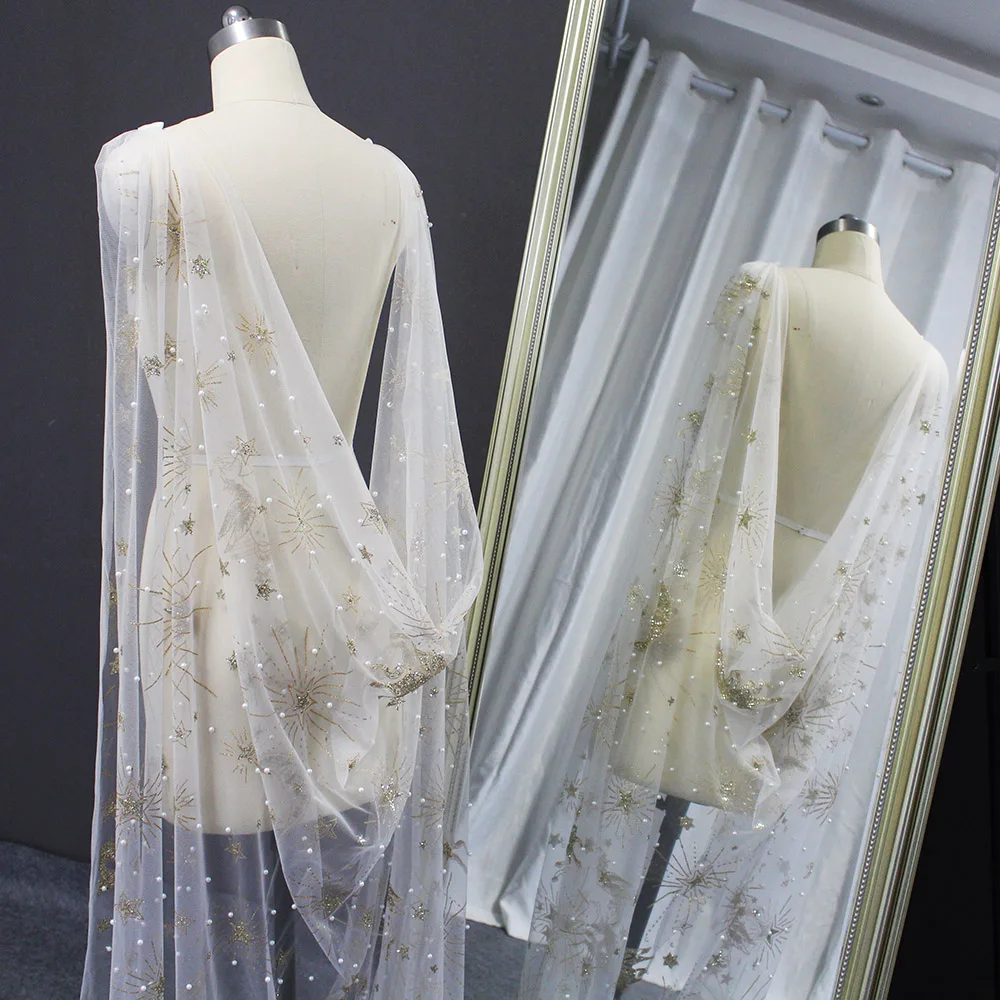 Customized Luxury Pearls Wedding Cape with Gold Dust 3 Meters Long Pearls Wedding Bolero shrugs for women Accessories
