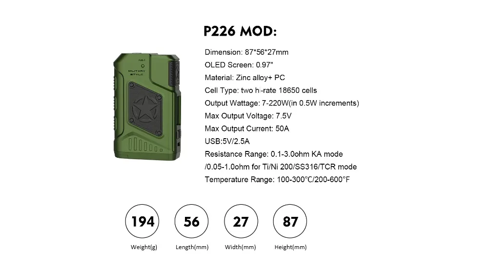 Original TESLA P226 Miltary Style vape kit 220w with 096inch OLED Screen Box Mod Temperature Control mode Electronic Cigarette (26)