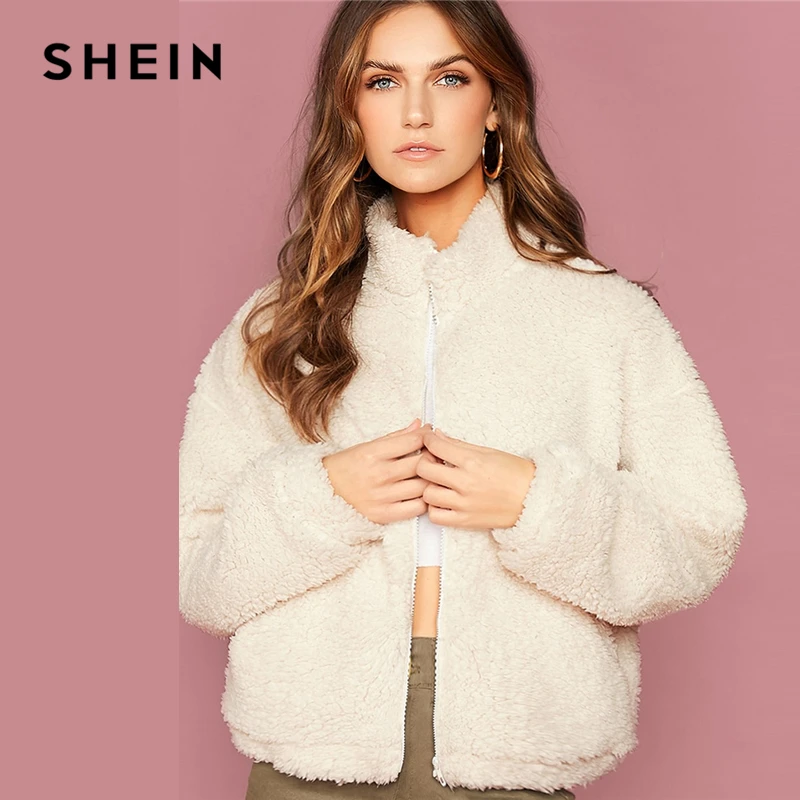 SHEIN женская зимняя куртка с длинным рукавом и воротником воронкой плюшевый жакет