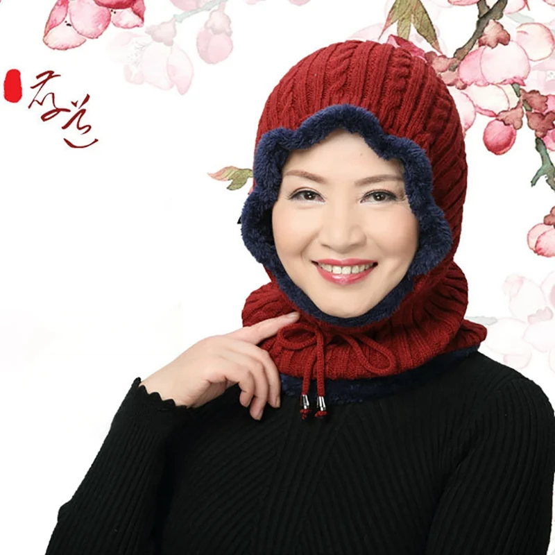 

Knitted Balaclava Autumn Winter Drawstring Fluffy Face Mouth Mask Scarf Hat For Women Men
