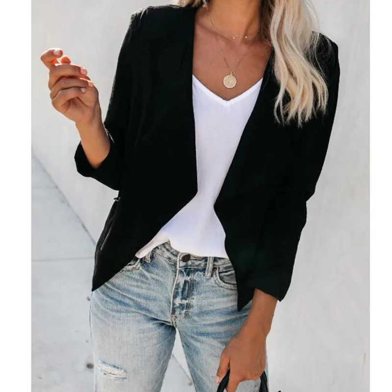 Однотонная белая черная приталенная Женская куртка Осень veste femme с воротником с лацканами куртки для фитнеса