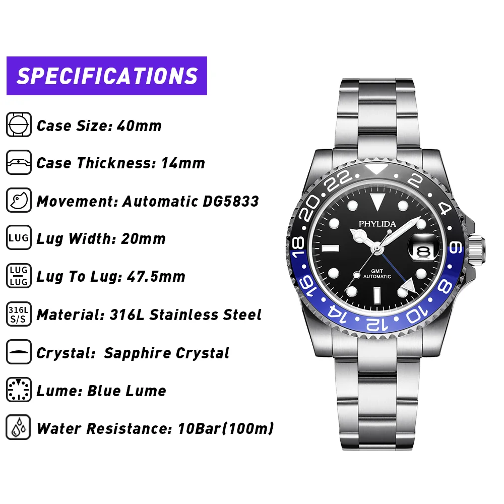 Фирменные водонепроницаемые мужские часы PHYLIDA 100 м GMT двойной раз Бэтмен