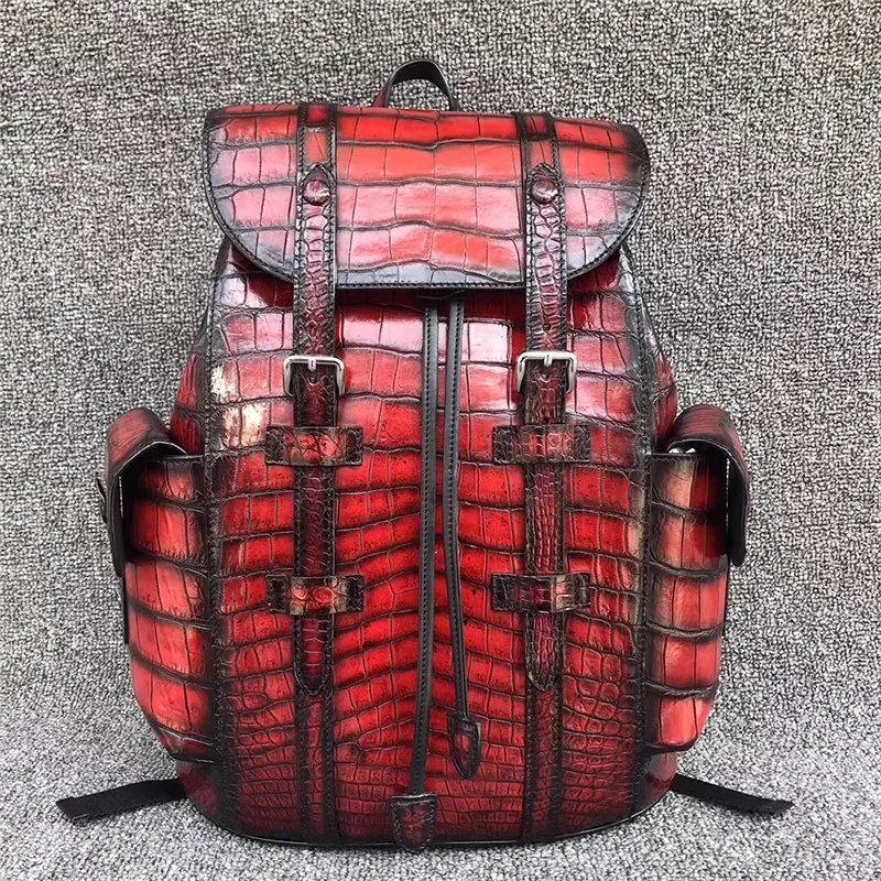 

Authentic Real Crocodile Belly Skin Drawstring Closure Men's Red Backpack Genuine Alligator Leather Male Large Travel Bag Pack
