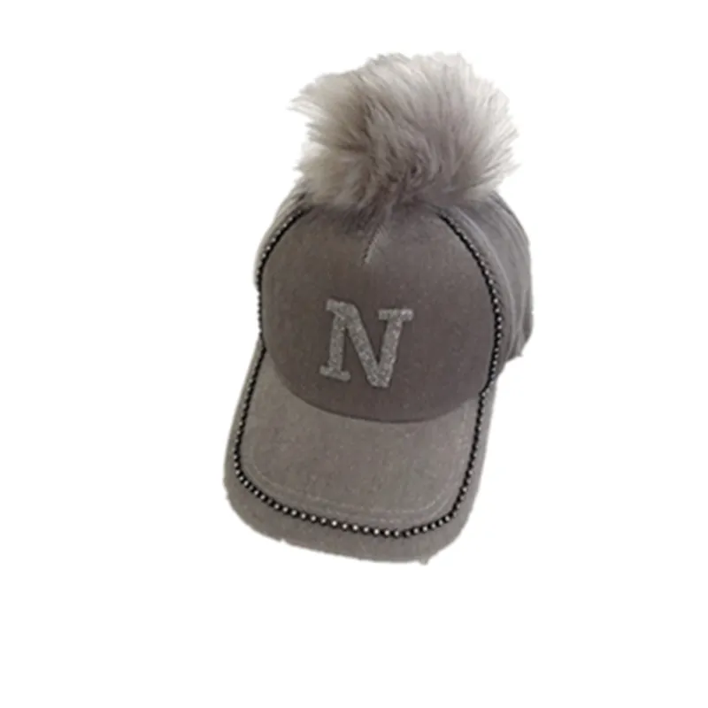 Женская шапка, осенняя и зимняя модная, с буквенным принтом, с меховым помпоном, маленькая, с блестками, Корейская бейсболка, версия для прогулок, теплая, Вельветовая, peake