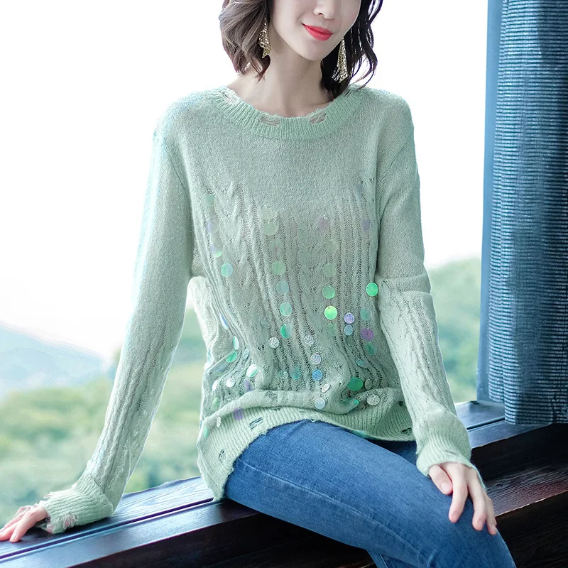 

LANMREM Green Round Neck Long Sleeve Hole Sequined Knit Woman Wool Sweater Casual Simple Fashion 2019 Autumn Winter New TD088