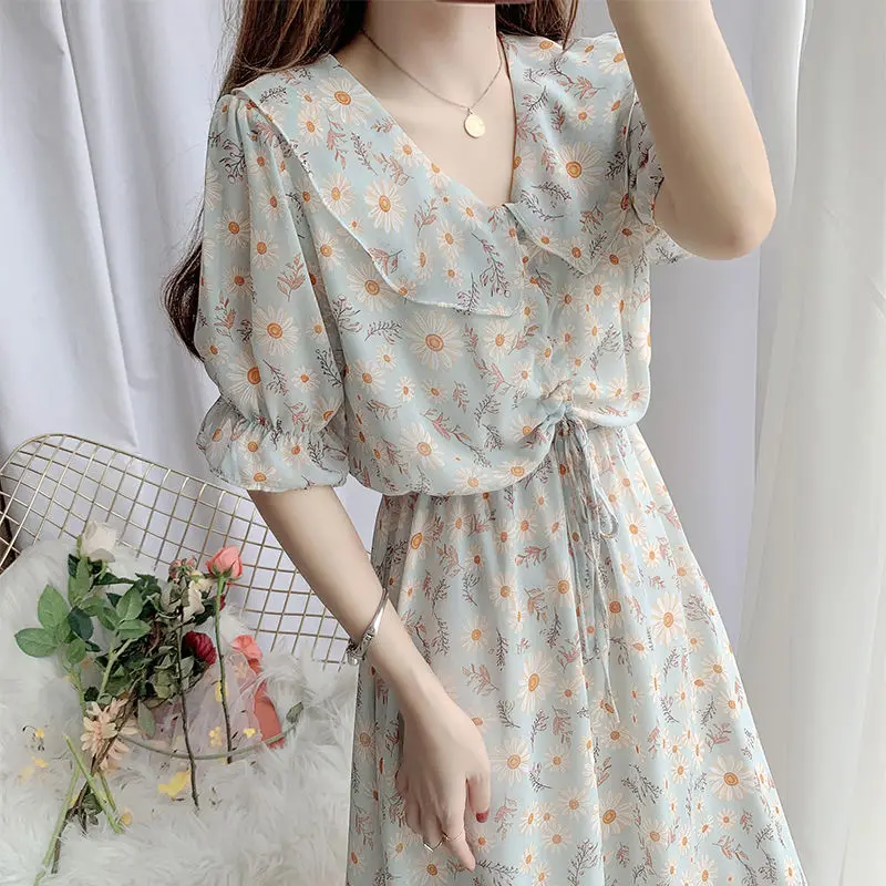 

Floral Skirt Summer Doll Collar Chiffon Dress Long Sophisticated Skirt Expansion Woman Dress Vestido De Mujer Femme Robe