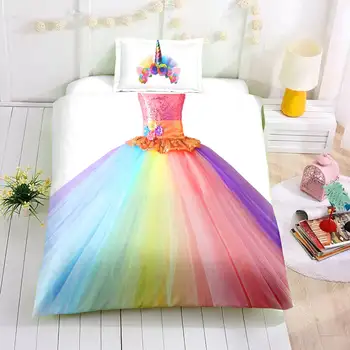 

2020 Children Beautiful Rainbow Skirt Bedding Sets For Kids Girls Boys 2/3pcs Crown Single Bed Duvet Cover Set with pillowcases