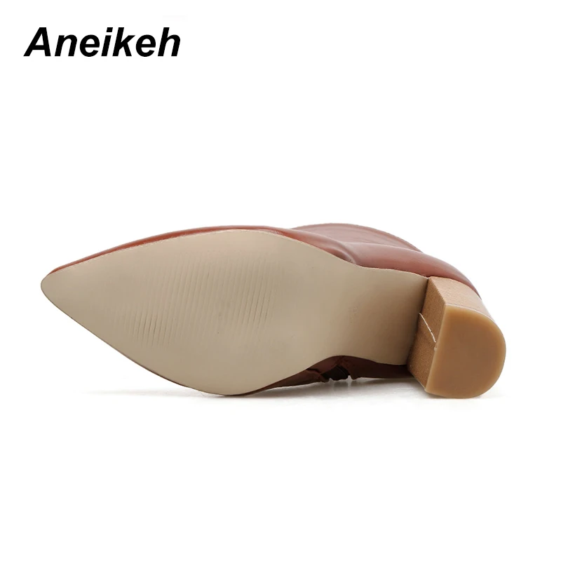 Aneikeh/модные коричневые ботильоны; женские осенние пикантные ботильоны «Челси» из искусственной кожи на высоком массивном каблуке; вечерние женские туфли-лодочки с острым носком; размеры 41, 42