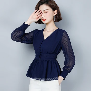

COIGARSAM Chiffon Polka Dot blouse women New Spring Lantern Sleeve High Waist V-Neck blusas womens tops and blouses Navy 6325