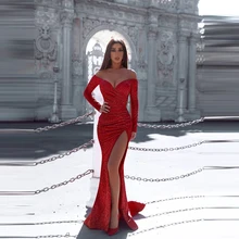 Зимнее платье для выпускного с аппликациями, красное, с высоким разрезом, с открытыми плечами, с длинными рукавами, с v-образным вырезом, румяное, узкое, официальное, специальное мероприятие, двойное, 11