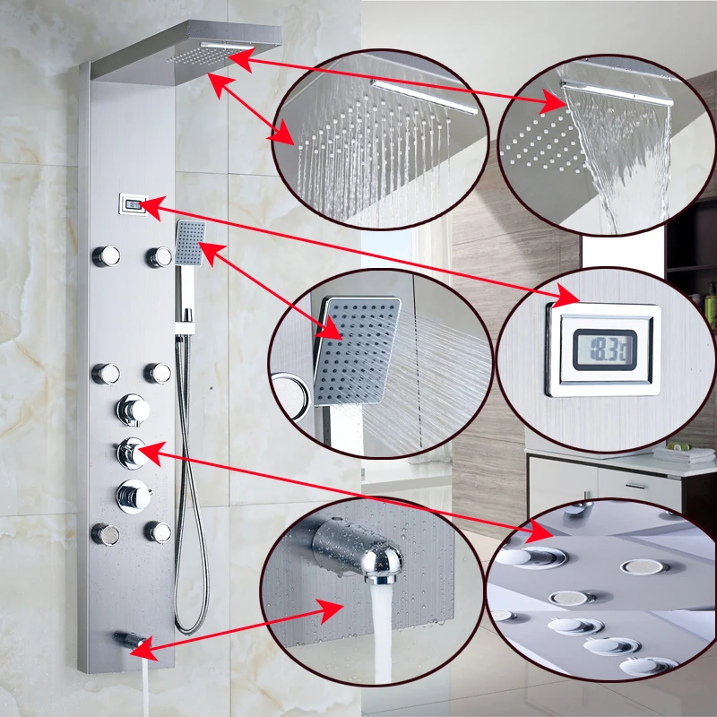 Черный никель светодиодный дождь водопад смеситель для душа набор душевая панель Колонка многофункциональная насадка Массаж Спа струи температурный экран