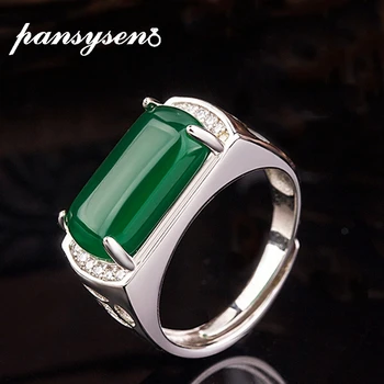 

PANSYSEN Vintage real 925 Sterling Silver 8x15MM Emerald Chalcedony Adjustable Rings for Women Wholesale Party Fine Jewelry Ring