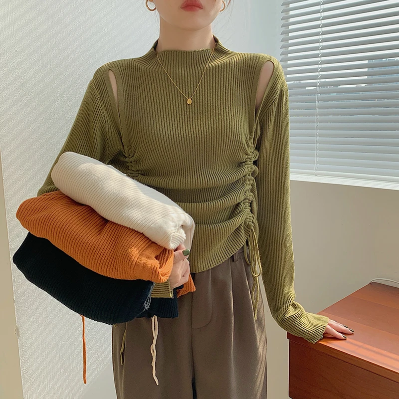 

Thick Plain Ribbed Slim Sweater Women Chic Drawstring Hollow Out Knitted Pullover Casual Blouse Pleated Crew Neck Style Sweaters