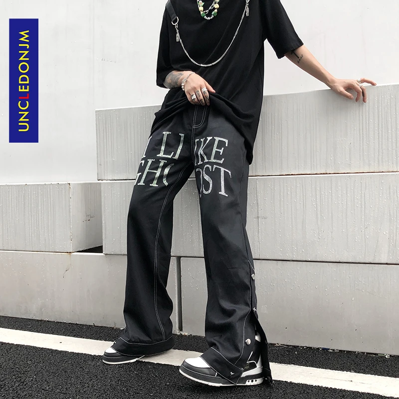 Uncledonjm fantasma carga calças botão lateral japonês moda preto calças  masculinas solto hip hop streetwear vintage ed945 - AliExpress Moda  Masculina