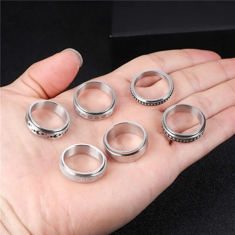 FUNRUN JEWELRY Stainless Steel Fidget Band Rings for Women Mens Spinner Rings Flower Moon Star Cool Rings Stress Relieving Wedding Promise Rings Set