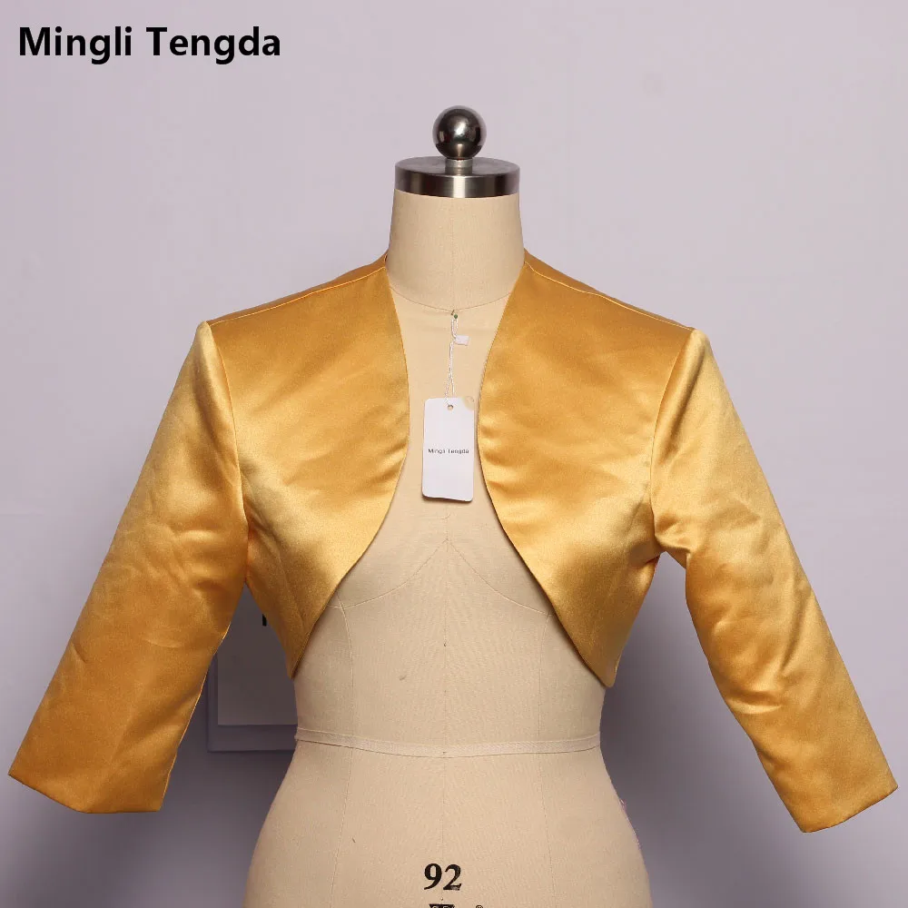 

Mingli Tengda Gold Satin Wedding Jacket Bridal Bolero Capes Womem Coat Cape Shrug Stole 3/4 Sleeves Wedding Coat Real Picture